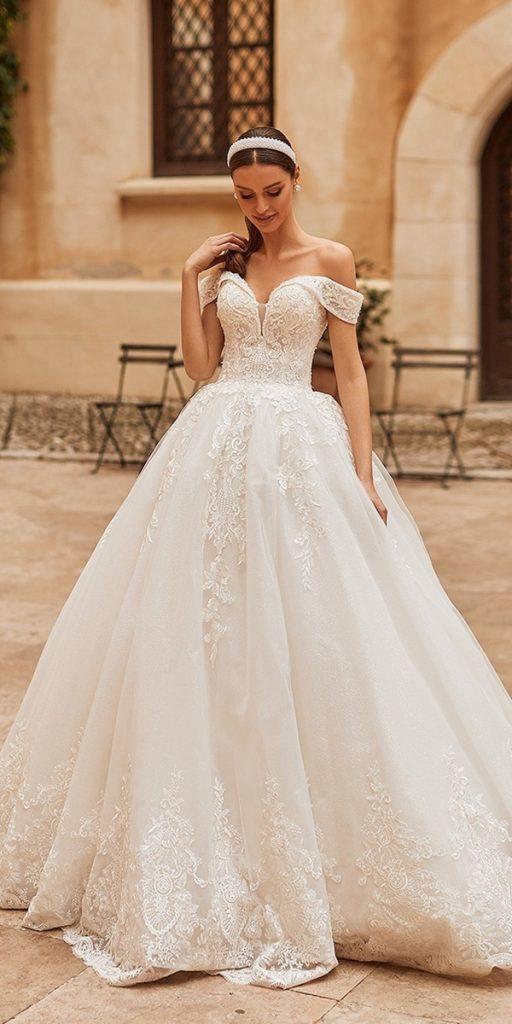 lace ball gown wedding dresses off the shoulder sweetheart neckline navibluebridal