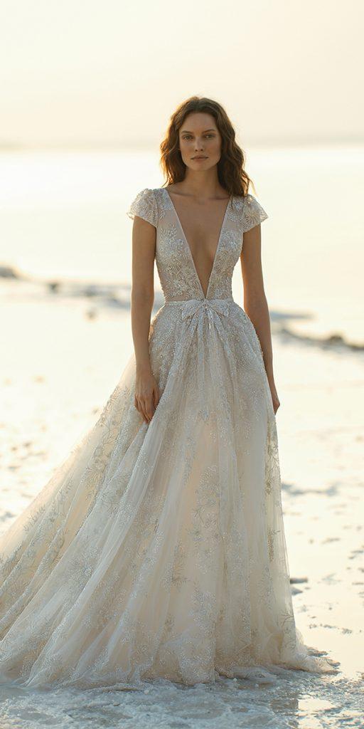 lace beach wedding dresses a line with cap sleeves plunging neckline eisen stein