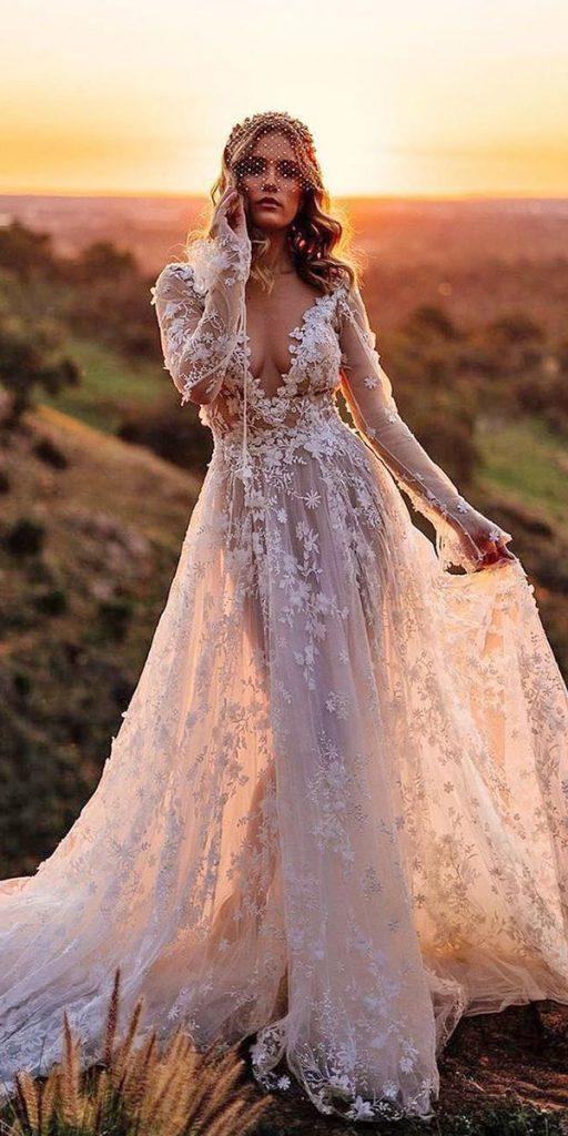 lace beach wedding dresses a line with long sleeves v neckline sexy galia lahav