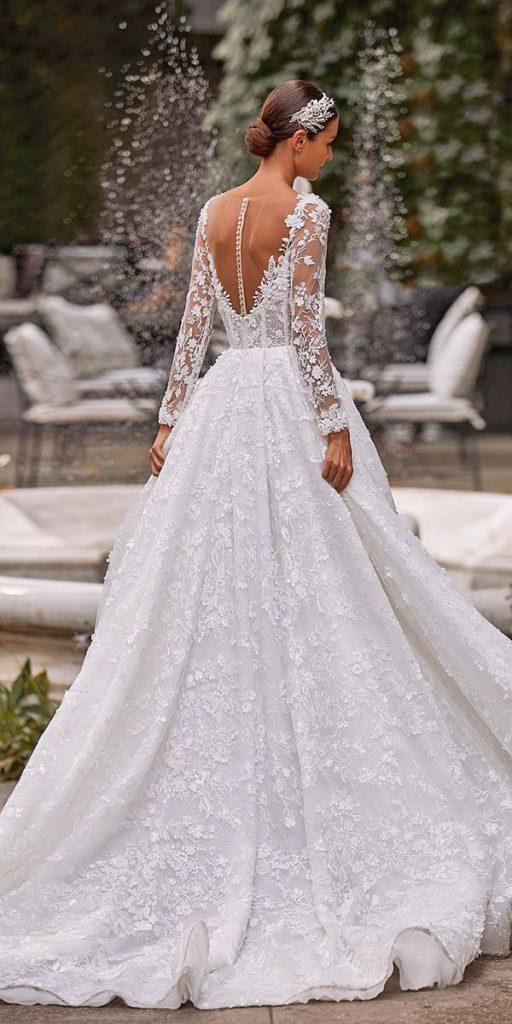 lace wedding dresses with sleeves a line with illusion back katycorso