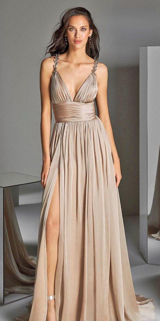 long bridesmaid dresses gold simple with spaghetti straps pronovias