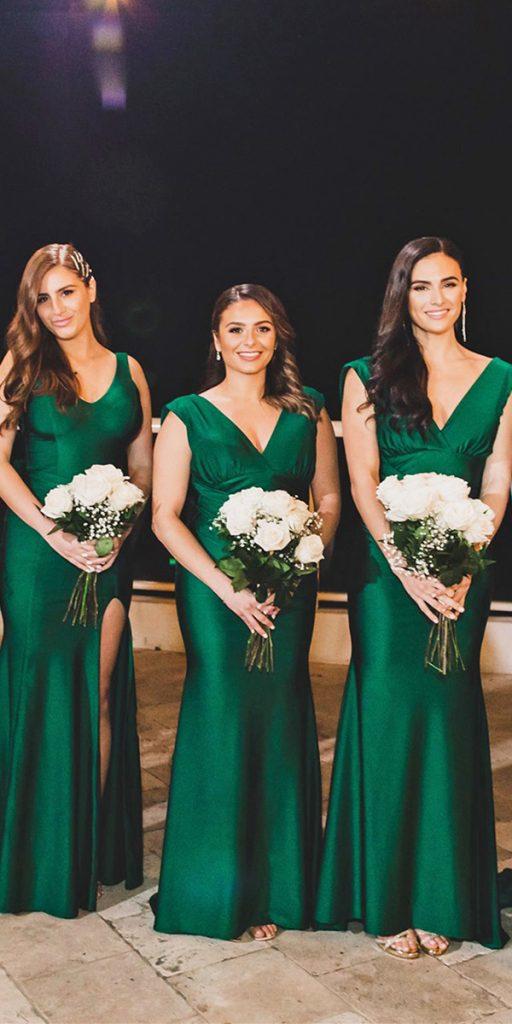 long bridesmaid dresses green simple v neckline reflection