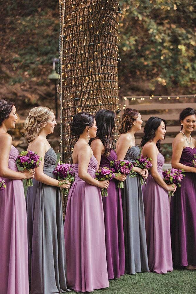  mismatched bridesmaid dresses long sweetheart strapless neckline purple lora grady