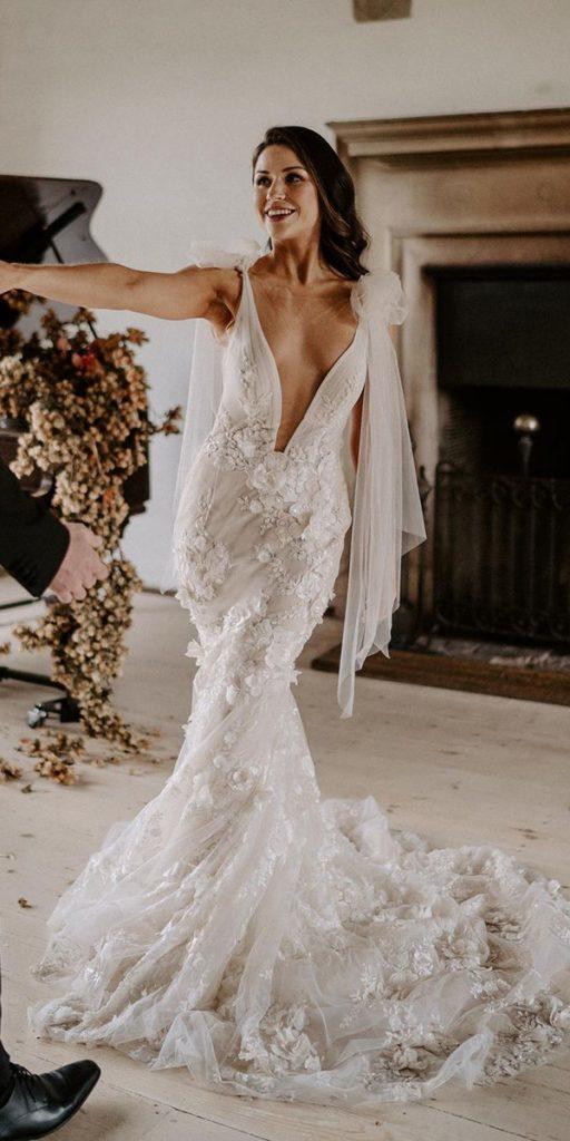 sweetheart mermaid wedding dresses sexy deep v neckline floral appliques beach galialahav