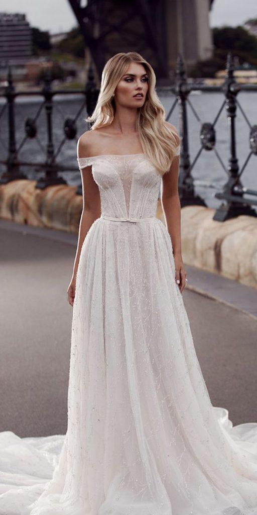 trendy wedding dresses a line strapless off the shoulder neckline leahdagloria