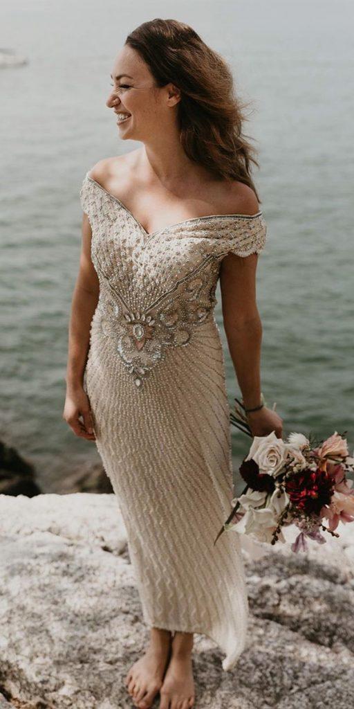 vintage wedding dresses tea length off the shoulder jeweled iamsarah nicole