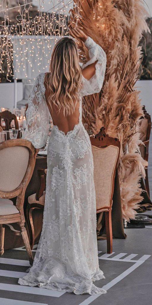 bridal gowns with sleeves sheath open back lace boho galialahav