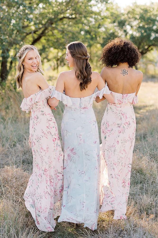 floral bridesmaid dresses long off the shoulder watercolor rustic shoprevelry