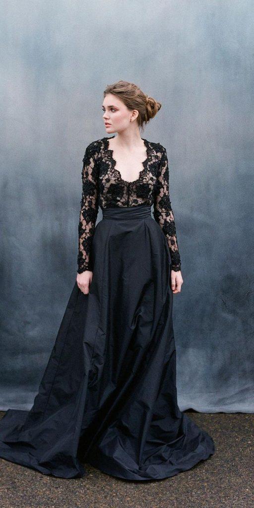 gothic wedding dresses deep v neckline lace sleeves black emilyriggs