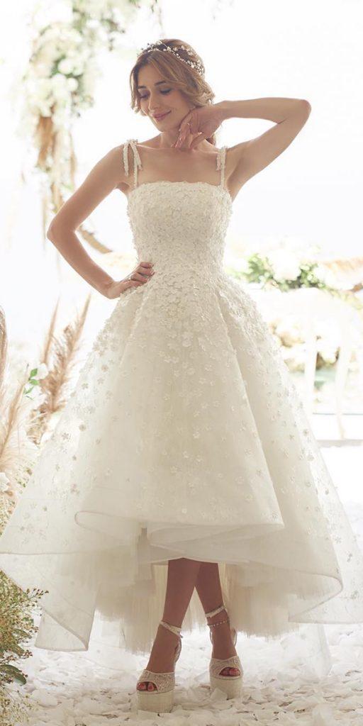 high low wedding dresses floral appliques illusion neckline meltatan