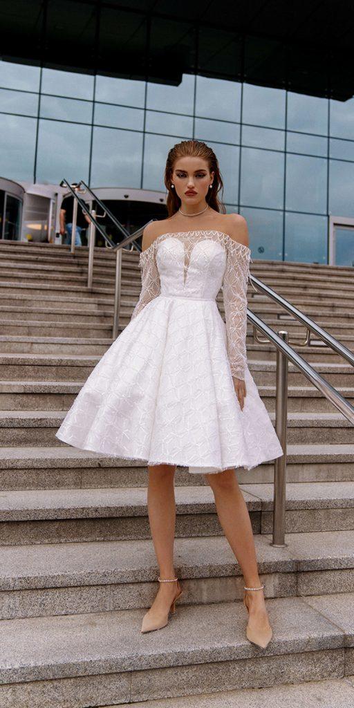 knee length wedding dresses off the shoulder with sleeves rara