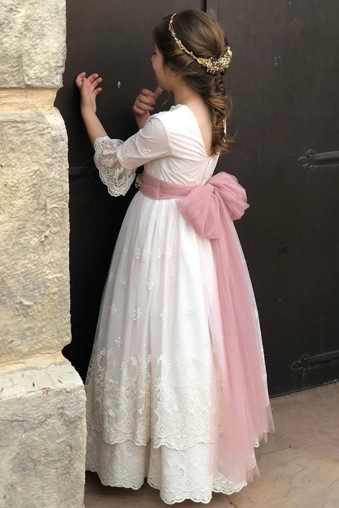 lace flower girl dresses with sleeves blush bow rustic boho marinasmoda