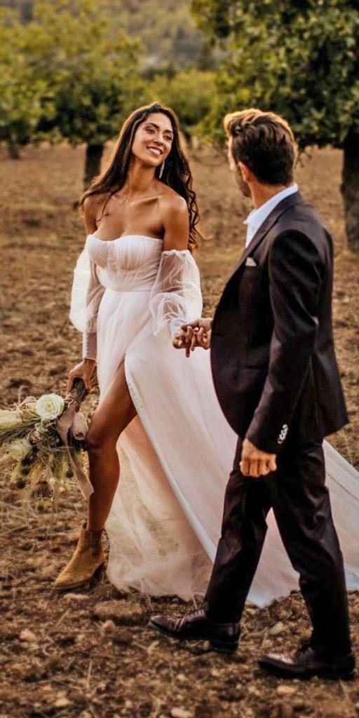 rustic wedding dresses simple strapless neckline with long sleeves chrisandruth