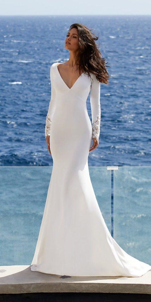 satin mermaid wedding dresses v neckline with long sleeves simple pronovias