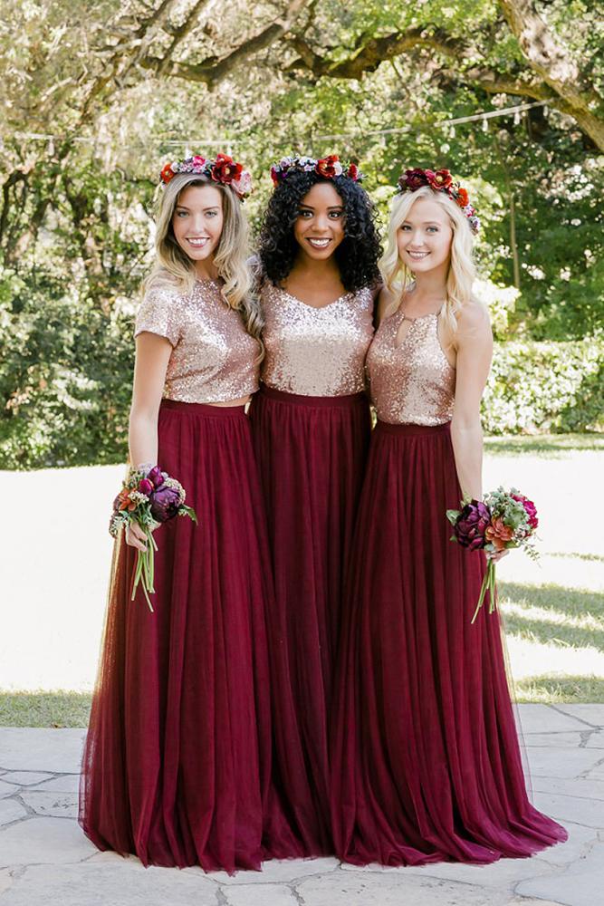 sequin bridesmaid dresses gold top burgundy skirt shoprevelry