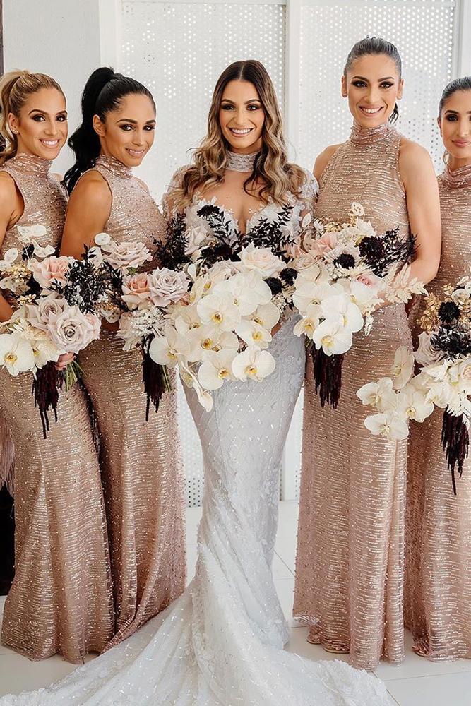 sequin bridesmaid dresses long gold halter neckline rustic evernewstudio