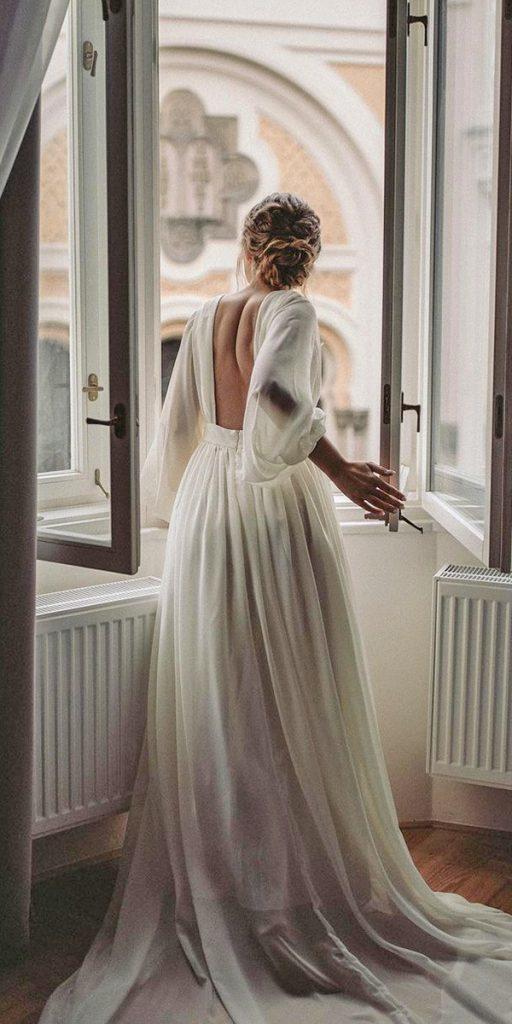 simple wedding dresses a line with long sleeves low back evgeniavoloshina