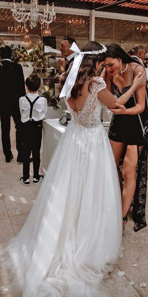 a line wedding dresses v back boho with cap sleeves millanova