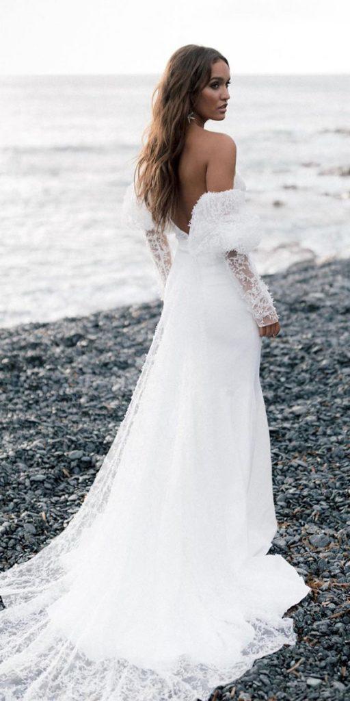 destination wedding dresses off the shoulder with sleeves train rimearodaky