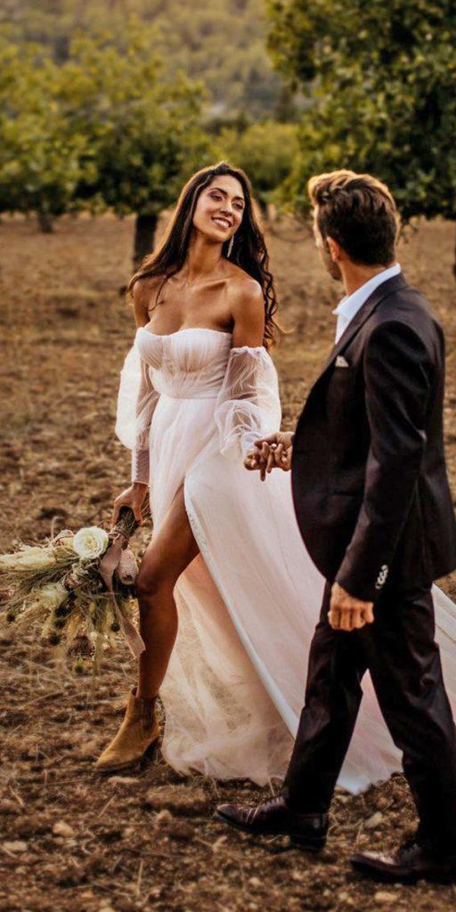 romantic bridal gowns a line off the shoulder with sleeves bohemian chrisandruth