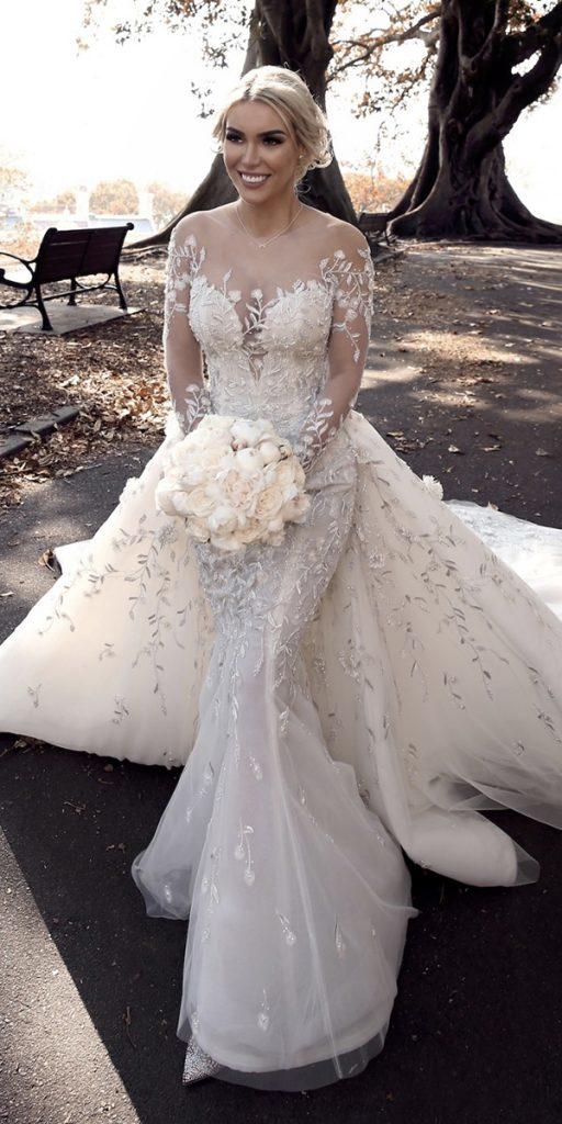 sweetheart mermaid wedding dresses with illusion sleeves with overskirt pallas couture