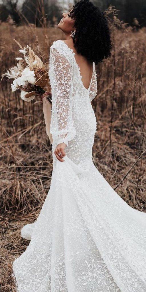 trumpet wedding dresses sheath v back with long sleeves lace boho evalendel