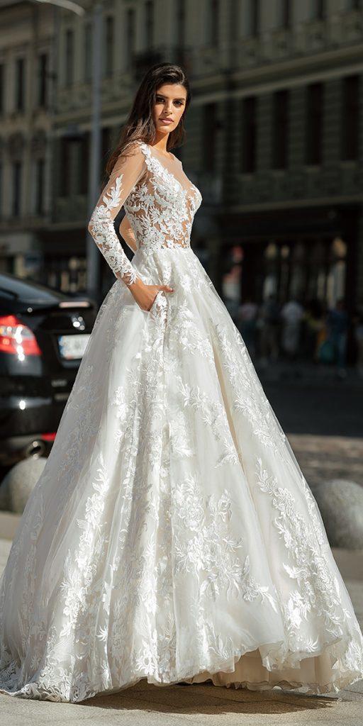 wedding dresses with lace sleeves a line floral appliques oksana mukha