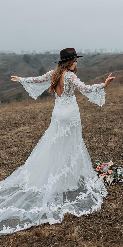 wedding dresses with lace sleeves sheath with v back bohemian stylis bride