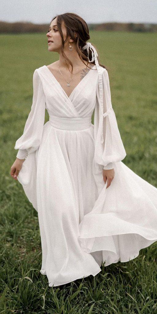 bohemian wedding dresses simple with long sleeves v neckline rustic salon kuraje