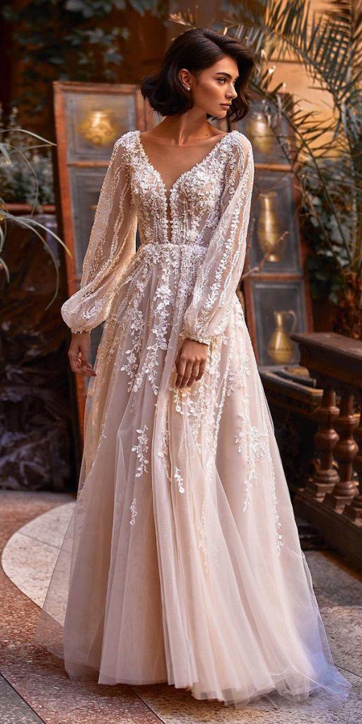 bohemian wedding dresses with sleeves sweetheart neckline lace v neckline pollardi