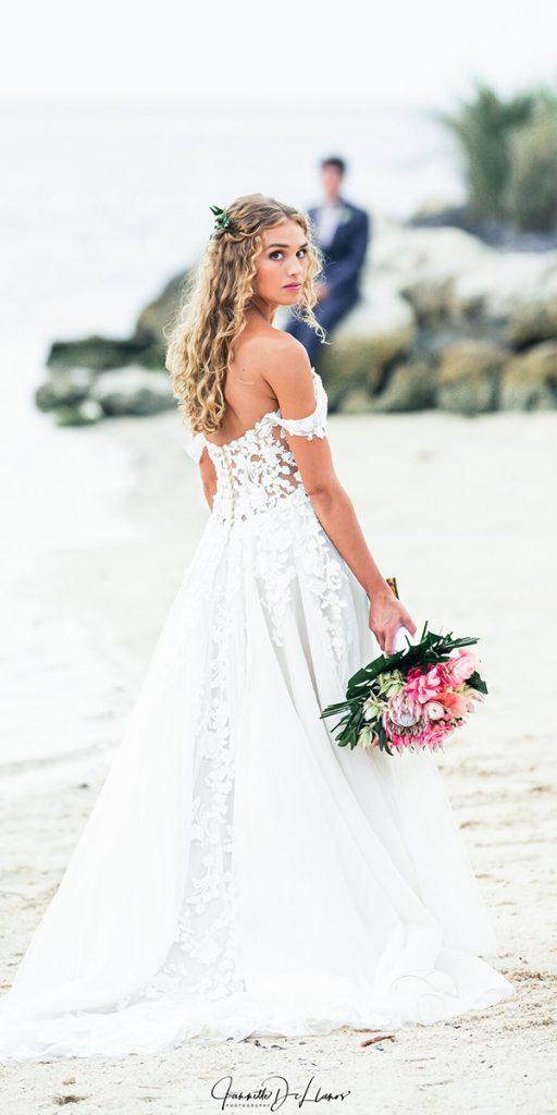 lace beach wedding dresses a line off the shoulde low back jannette de llanos photography