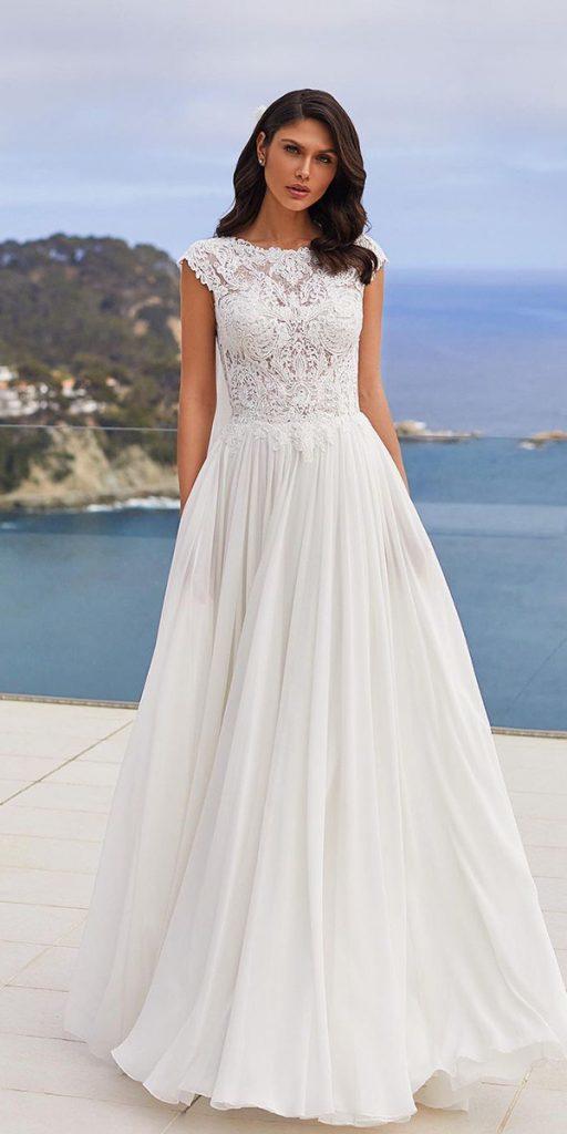 lace beach wedding dresses a line with cap sleeves pronovias