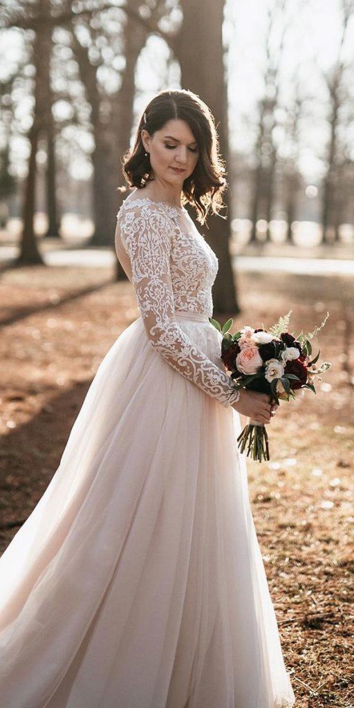 lace boho wedding dresses a line with long sleeves rustic justinalexander