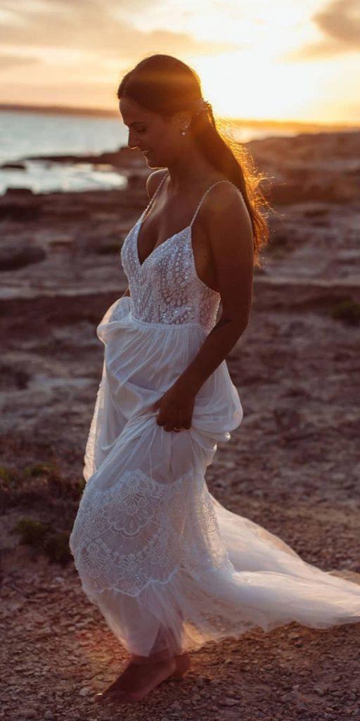 lace boho wedding dresses sheath with spaghetti straps lace boho selia_photography