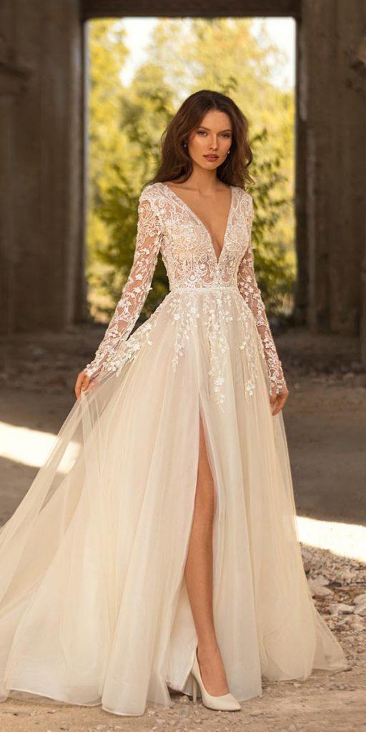 princess wedding dresses deep v neckline with sleeves lace eva lendel