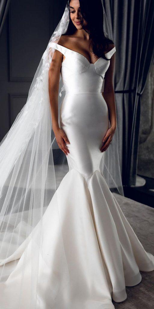 satin mermaid wedding dresses simple off the shoulder beach leah da gloria