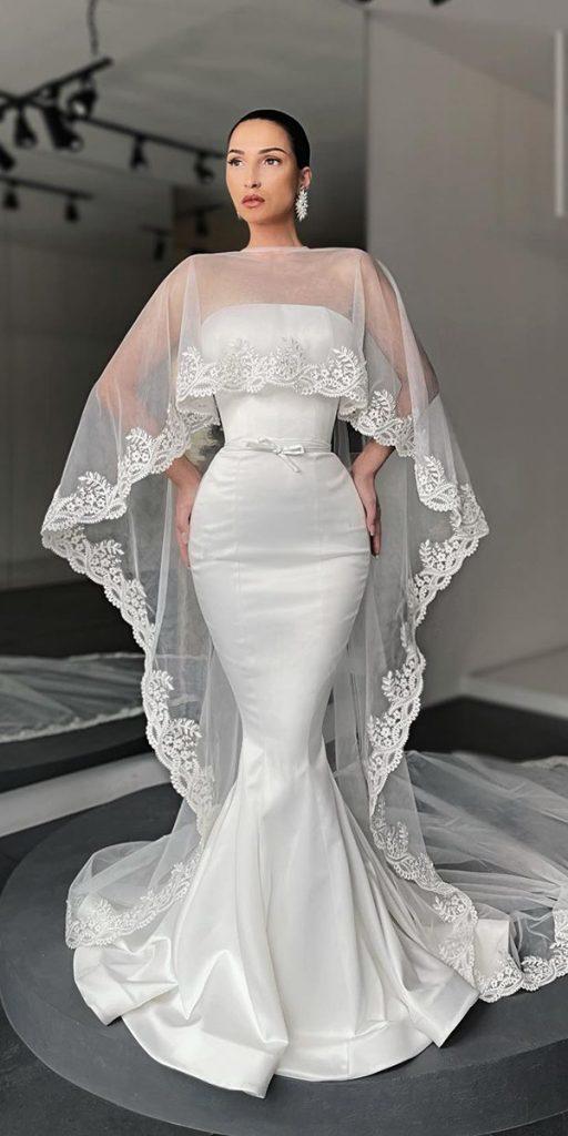 satin mermaid wedding dresses simple strapless with cape liastubla