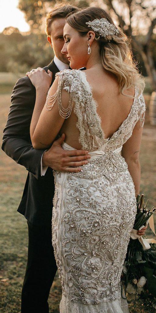 vintage wedding dresses sheath v back jeweled beaded anna campbell