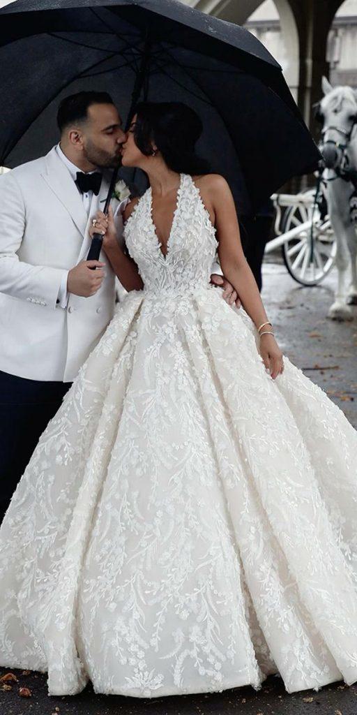 ball gown wedding dresses deep v neckline sleveles floral appliques steven_khalil