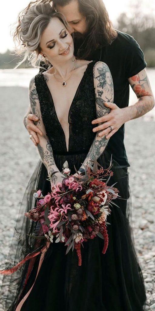 black wedding dresses deep v neckline tulle skirt pollardi