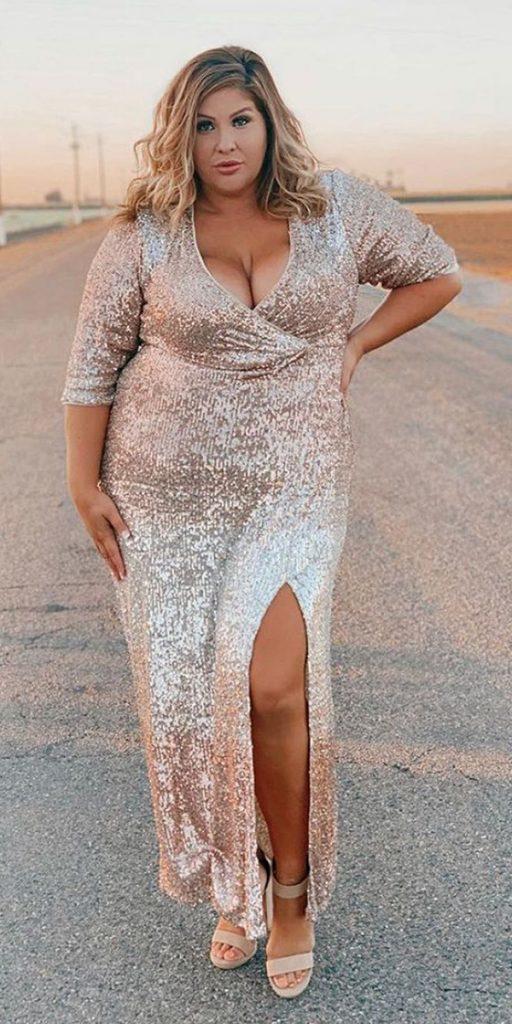 flattering mother of the bride dresses for plus sizes gold with sleeves v neckline sequins rmrichardsnyc