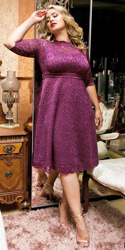 flattering mother of the bride dresses for plus sizes knee length with sleeves lace purple kiyonnacurves