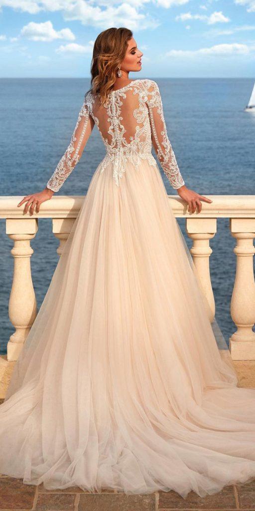 lace back wedding dresses a line with illusion sleeves nicolemilano