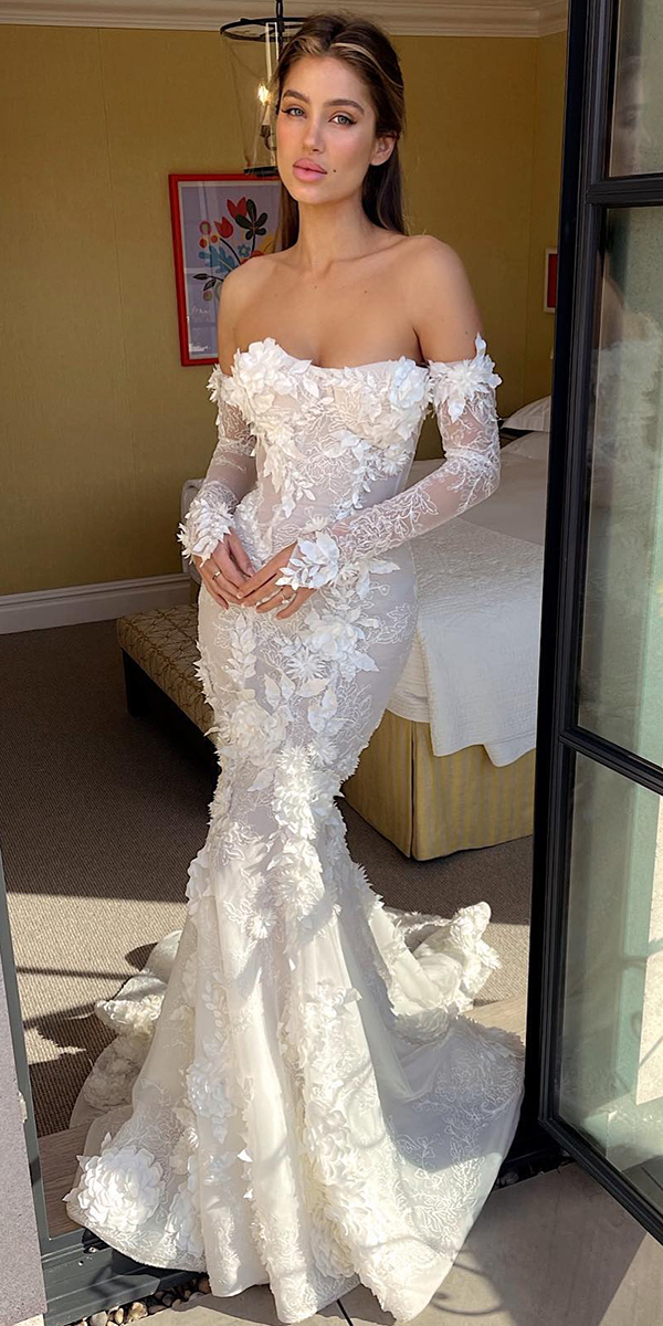 lace wedding dresses with sleeves mermaid off the shoulder with sleeves pallascouture