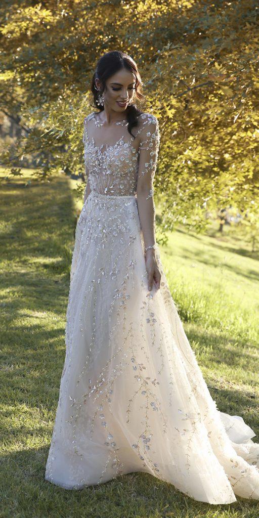 llusion long sleeve wedding dresses a line floral appliques bohemian country imagehausweddings