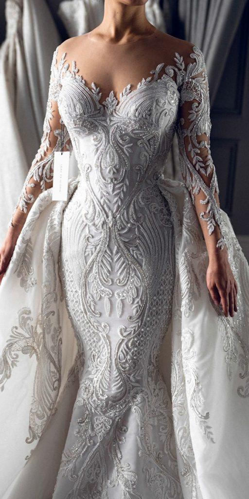 mermaid wedding dresses lace with long sleeves overskirt leahdagloria