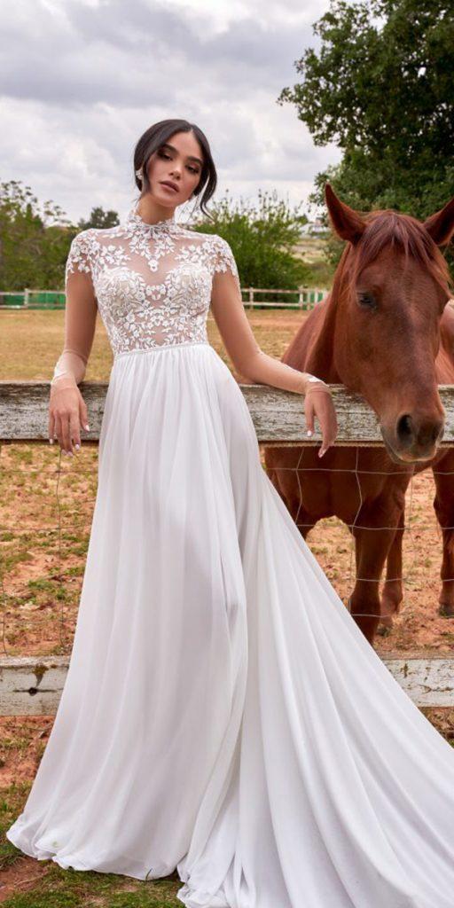 romantic bridal gowns a line with cap sleeves lace top boho vino