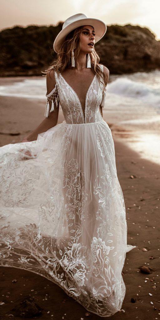 rustic wedding dresses a line v neckline lace boho rish_bridal
