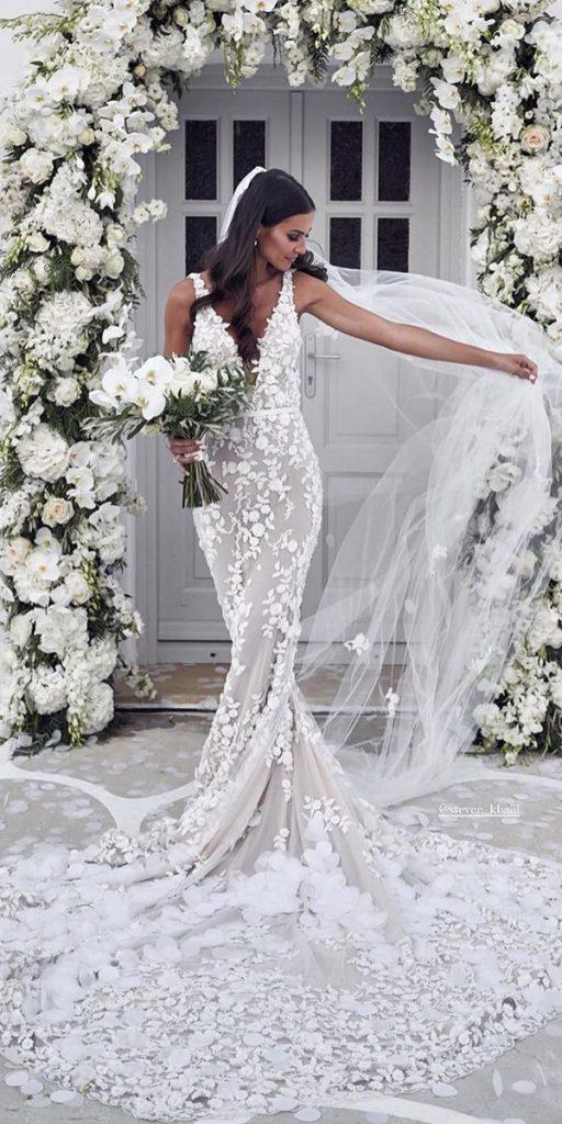 top wedding dresses mermaid sexy lace deep v neckline beach steven_khalil
