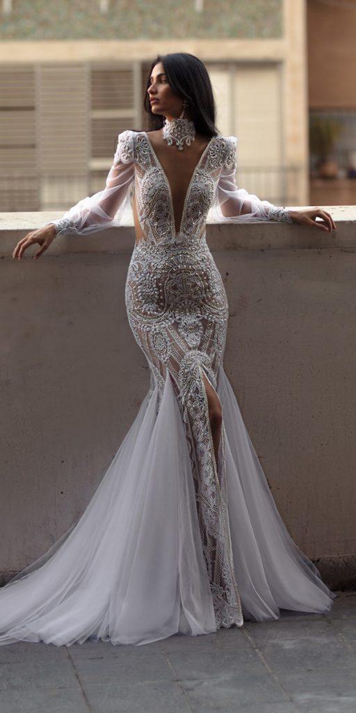 vintage lace wedding dresses fit and flare deep v neckline with sleeves lior charchy